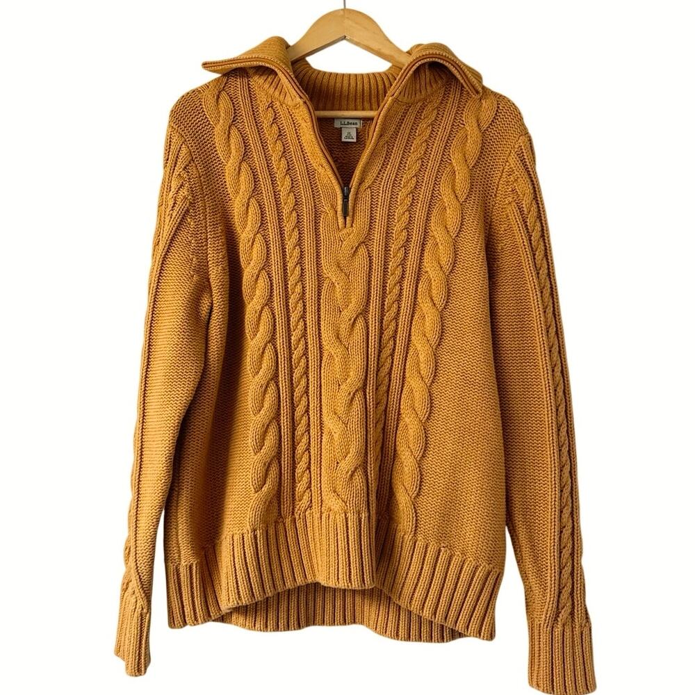 L.L. Bean Womens Double L Cable Sweater, Quarter-Zip Pumpkin Color Size 1X EUC